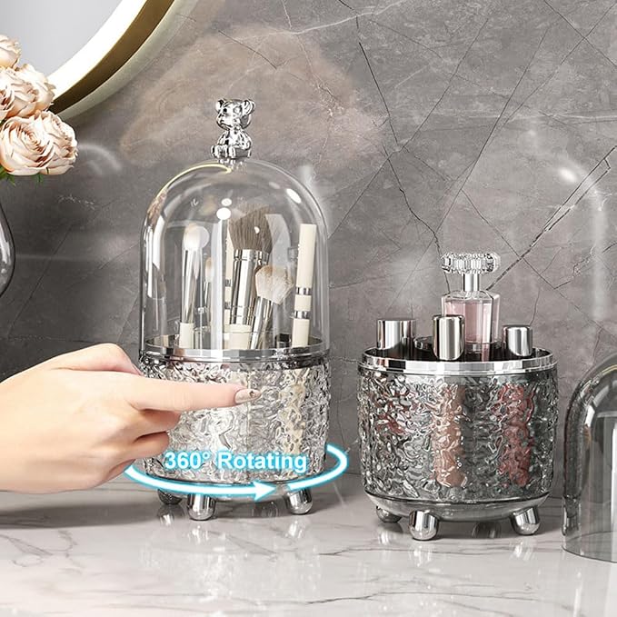 Dezzer Makeup Brush Holder with Lid, 360 Rotating Dustproof Make Up Organizers, 6 Slot Make up Brush Holder for Vanity Bathroom Countertop Office, Gray