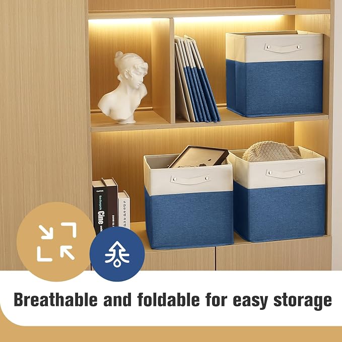 FinishingBo 13 x 13 Inch Fine Linen Storage Bins with Handles，Fabric Cube Boxs，Basket Organizers for Shelves for Home, Closet Drawers (White/Blue-4 Pack)