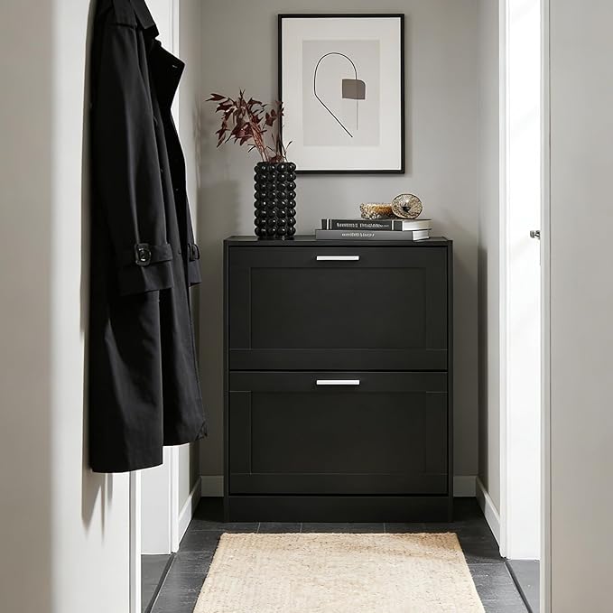 Haotian Shoe Cabinet Storage for Entryway | Narrow Shoe Cabinet with Two Flip Drawers to Save Space, Shoe Rack Cabinet for Front Door Entrance Hallway (Black)