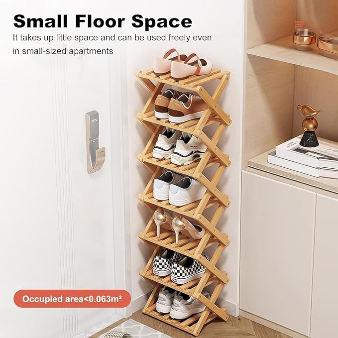 YYW Bamboo Shoe Rack, Foldable Vertical Free Standing Shoe Storage Shelf | Foldable design, Free standing for entryway or living room, Vertical shoe organizer, Space saving closet shelf
