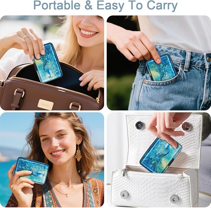 Coco Rossi Credit Card Holder RFID Aluminum Small Mini Wallet Women | Metal Wallet, Business Cards Holder, ID Case, Slim Sleeves, Womens Girls Gift, Carry Proof Wallets for Travel, Peacock