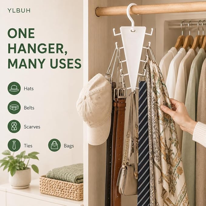V Shaped Double-Sided Closet Organizer Hanger, 360° Rotating Multi-Layer Vertical Clothes Storage Rack with 12 Hooks, Space Saving Organizer for Hats, Scarves, Belts, Bags and Ties (2PC)