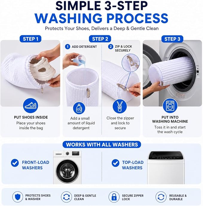 EPSCY Shoe Washing Machine Bags - Reusable Sneaker Laundry Shoe Bag with 360° Deep Clean Mesh - Self Locking Zipper, Noise Reduction Washing Bag Fits All Shoes Sizes and Types - White, Pack of 2