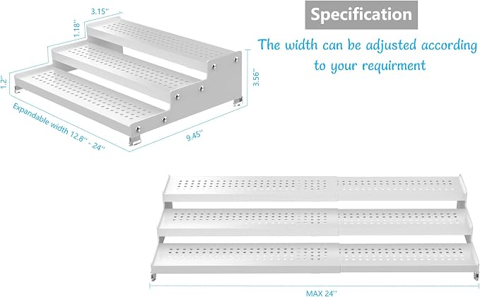 Jojocross Spice Rack Organizer for Cabinet, 3 Tier Expandable Shelf, Great for Kitchen Cabinets, Cupboard,Pantry and More,Metal Plate with Hole (2 Packs/White,9.45" D x 12.8"~24“L x 3.56" H)