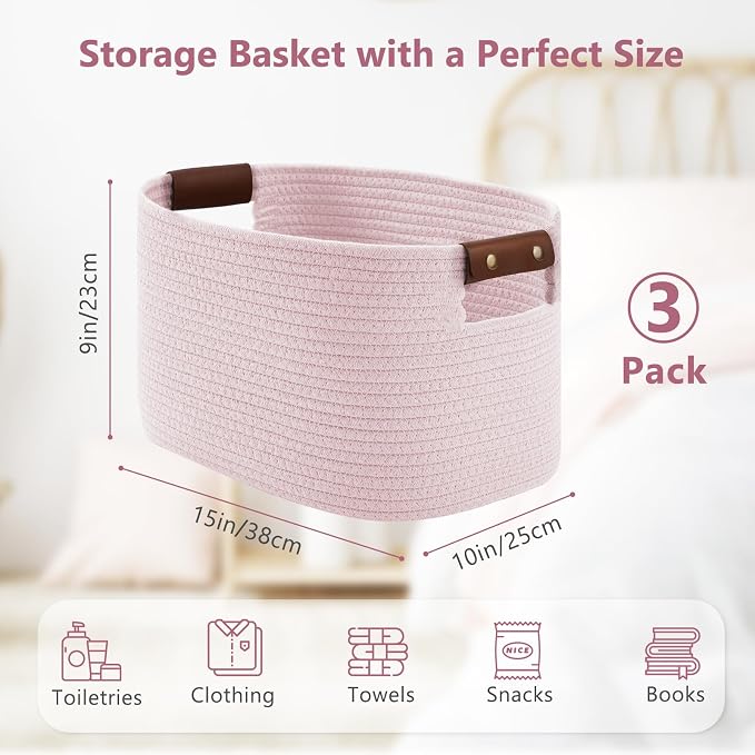 ECDYQXVU 15x10x9 Woven Cotton Rope Storage Basket, Leather Handles 3 Pack | Foldable Design, Sturdy PU Handles, Easy to Clean Organizer for Living Room, Closet, Shelves, Bedroom, Laundry, Clothes