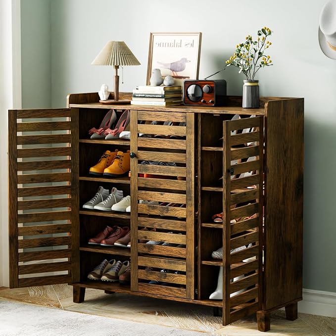 VINGLI Large Shoe Cabinet with 3 Doors 6-Tier Ultra Wide Shoe Cabinet Storage for Entryway 30 Pairs Tall Shoe Organizer Cabinet Wooden Farmhouse Shoe Rack Cabinet Rustic Brown