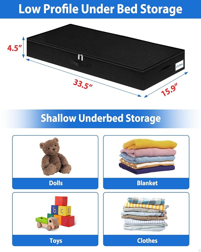 4.5-Inch Tall Under Bed Storage Container, Low Profile Underbed Storage Bin, Thin Clothes Storage Organizer with Rigid Sides & Bottom, Shallow Storage for Under Couch & Dresser Space, 2-pack, Black