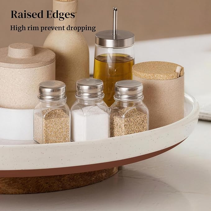 Ceramic Lazy Susan Turntable Organizer, 10.3 Inch Round Rotating Tray with Acacia Wood Base, White Speckled Glazed Spice Rack for Kitchen Countertop, Dining Table,Farmhouse Decor，Khaki White