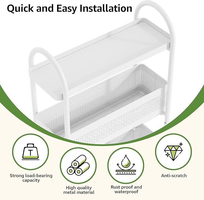 KINGRACK 4-Tier Slim Storage Cart with 3 Pull Out Basket, Rolling Bathroom Organizer Utility, Metal Shelving Unit Slide Out, Lockable Wheels, Easy Assembly for Narrow Place, Kitchen, Office, White