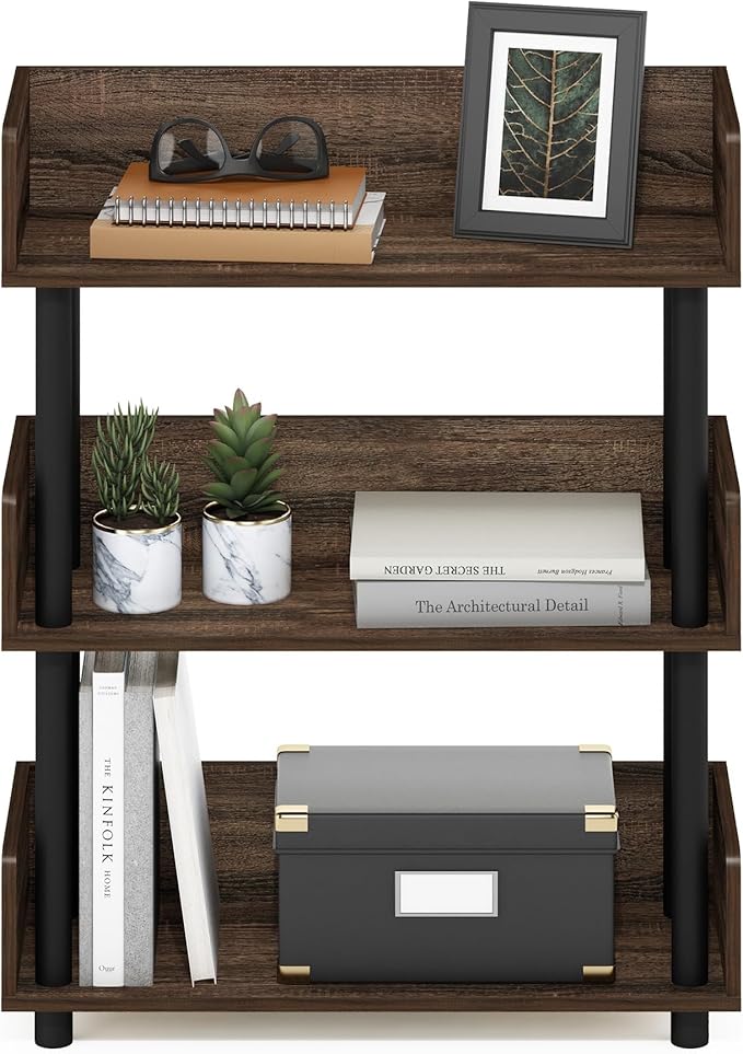 Furinno TURN-N-TUBE Display Shelf, 3-Tier Storage Shelves with Side Panels, Open Shelves Book Shelf with Rounded Corner Top Edges, for Organization and Storage, Living Room, Home Office, Walnut