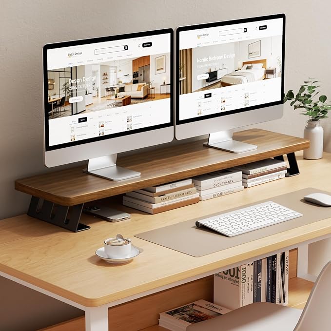 Dual Monitor Stand, 39 Inch Large Wood Monitor Stands for 2 Monitors
