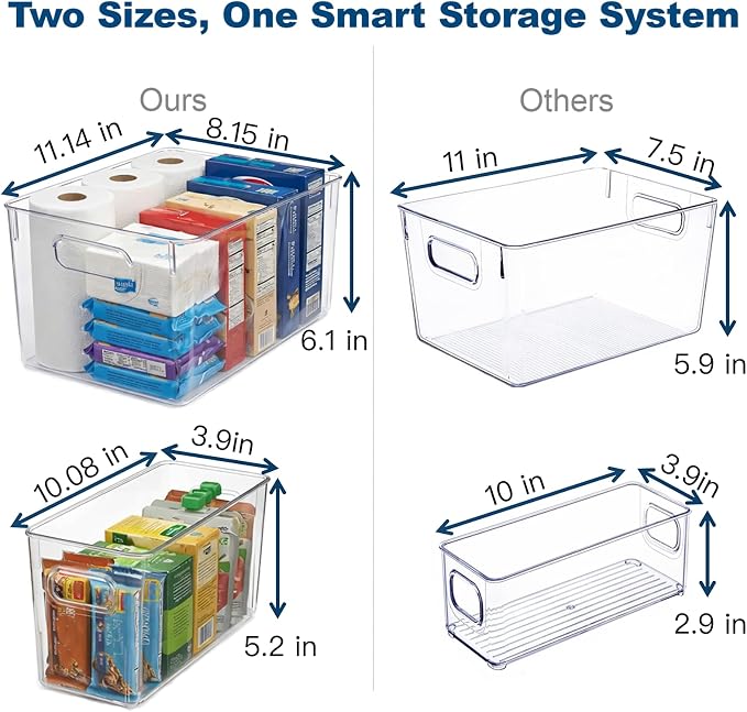 MOONEDGE Set of 12 Clear Plastic Storage Organizer Bins, 4 Large & 8 Small | Under-Sink Storage Containers, Bathroom, Kitchen, Fridge, Cabinet Organization, Clear Bins for Organizing, Small Storage Bins