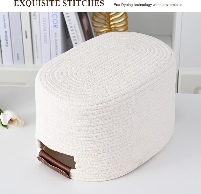 ECDYQXVU 15x10x9 Woven Cotton Rope Storage Basket, Leather Handles 1 Pack | Foldable Design, Sturdy PU Handles, Easy to Clean Organizer for Living Room, Closet, Shelves, Bedroom, Laundry, Clothes