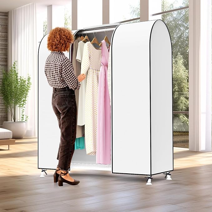 Zilink Garment Rack Cover Clothes Rack Cover Wardrobe Cover 50 in, White | Dustproof, Breathable, 2 Durable Zippers, Garment Bags Protector for Garment Rack (Rack Not Included)