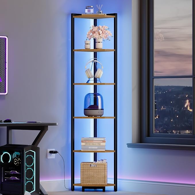 Hzuaneri Corner Shelf with LED Light 6 Tier Corner Bookshelf Standing Shelf | Tall Narrow Display Bookcase with Metal Frame for Small Space, Living Room, Home Office, Bedroom, Rustic Brown CS66601B
