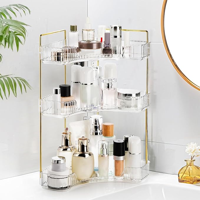 Cididu 3 Tiers Corner Bathroom Counter Organizer, Clear Countertop Shelf Storage Rack, Cosmetic Perfume Tray Standing Holder with Gold Metal Pole, Skincare Sink Organizer for Vanity Kitchen