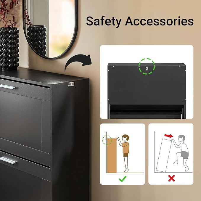 Haotian Shoe Cabinet Storage for Entryway | Narrow Shoe Cabinet with Two Flip Drawers to Save Space, Shoe Rack Cabinet for Front Door Entrance Hallway (Black)