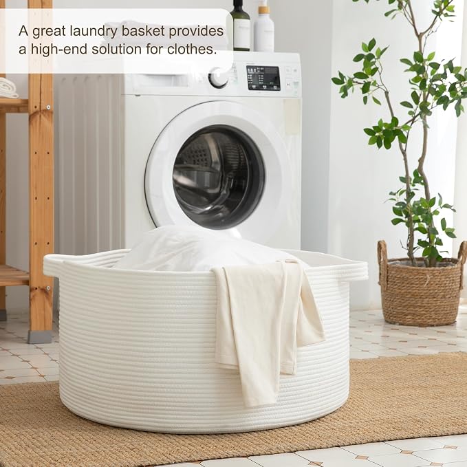 OIAHOMY 90L Extra Large Blanket Basket - Decorative Cotton Rope Storage Basket for Bedroom, Living Room & Nursery - Woven Laundry Hamper for Organizing Blankets, Clothes & Toys - White