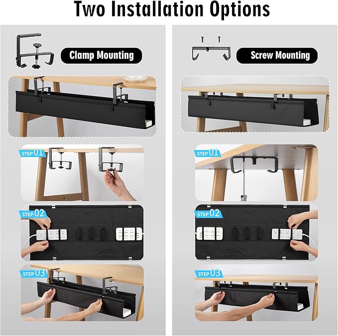 Desk Cable Management Tray, Fabric Cable Organizer, No Drill Large Clamp/Screw Mount Wire Organizer-Support Up to 30lbs, Standing Desk Cable Management for Office Home (Black,48 Inch)