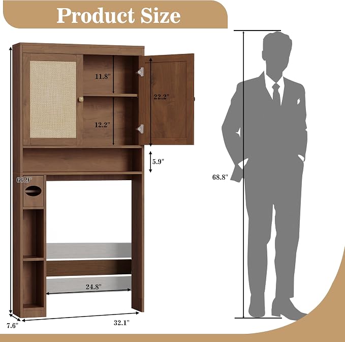 Over The Toilet Storage Cabinet Bathroom Shelf Over Toilet Bathroom Organizer Space Saver Rack with Adjustable Shelf (Chocolate, Rattan Style)