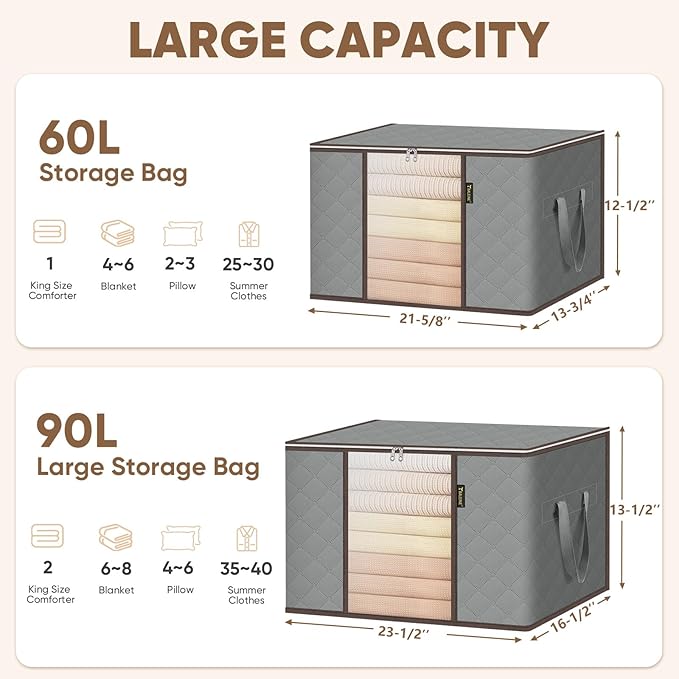 BALEINE 4 Pack Clothes Storage Bags, 16 Gallon Storage Containers with Reinforced Handle, Sturdy Zipper, Closet Organizer for Blanket, Comforter, Pillow, Bedding (Grey, 4 Pack)