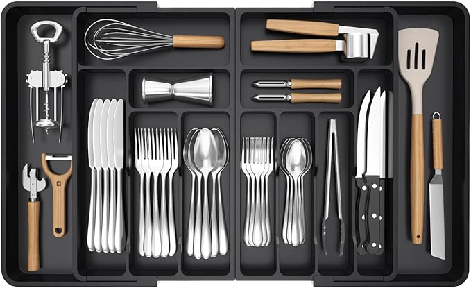 Lifewit Silverware Drawer Organizer, Expandable BPA Free Plastic Utensil Tray for Kitchen, Adjustable Flatware Cutlery Holder for Spoons Forks Knives, 21.3- 36 x 16.9", Black