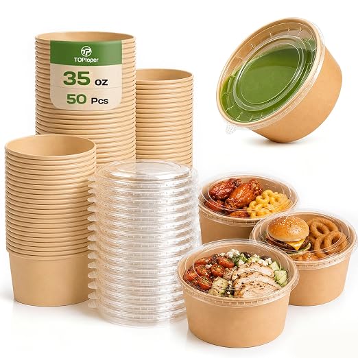TOPtoper 50 Pack 35 Oz Large Paper Bowls with Lids, Heavy Duty Paper Bowls for Party, Disposable Bowls Bulk Leakproof and Microwave Safe for Hot/Cold Use (35 OZ)