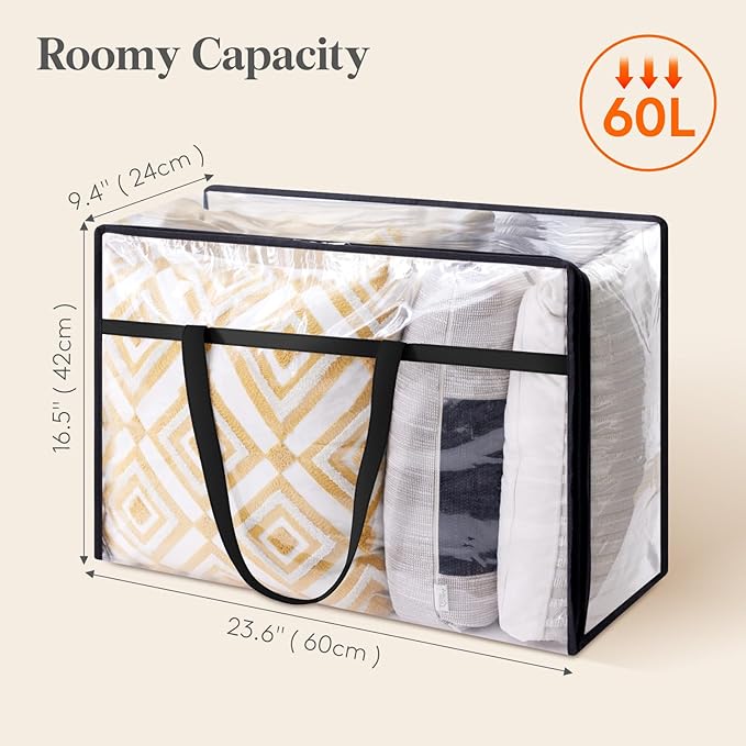 Lifewit 3 Pack Clear Clothes Storage Bags, 60L Plastic Blanket Storage Bag, Vinyl Foldable Moving Bags with Zipper, Closet Organizers and Storage Containers for Bedding, Duvet, Comforter