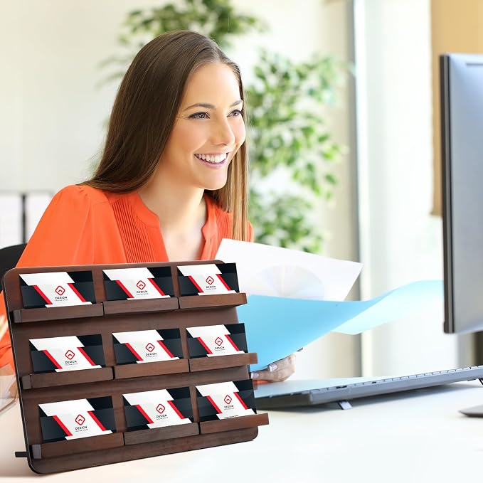 Leinuosen 3 Tier Wood Multiple Business Card Holder Desktop 9 Slot Business Card Holder for Desk Gift Postcard Display Rack Pamphlet Display Stand for Office Meeting Home (9.45 x 12.99 Inch)