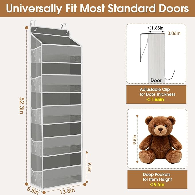 WISELIFE Over the Door Organizer Storage with 5 Large Pockets and Clear Windows, Hanging Organizer for Nursery Bedroom Bathroom Pantry Closet and Baby Essentials, Grey