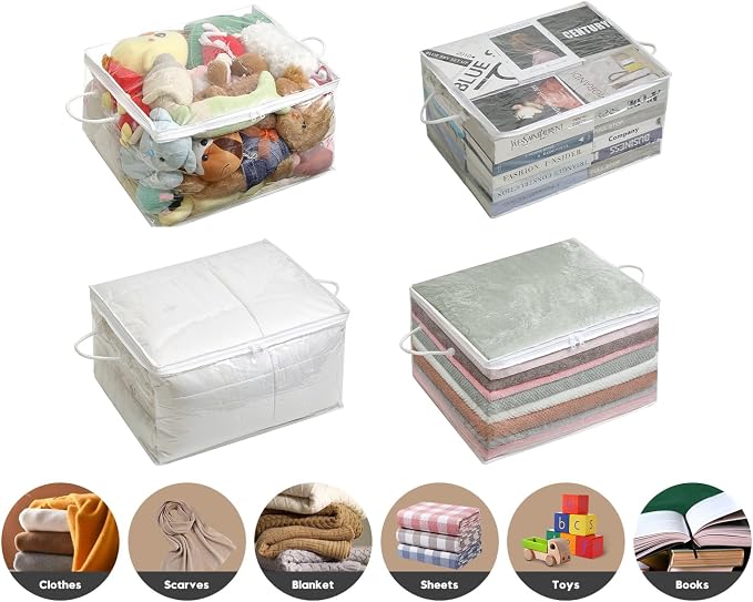 10 PCS Clear Zippered Storage Bags with Handle, Sweater Storage with Zipper, Foldable Closet Organizer Bed Sheet Organizer, Cube Plastic Organizer, Bag, Bin for Clothes,Towel-20 * 16 * 12