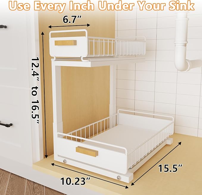 2 Pack Under Sink Organizer with Ball Bearing Sliding Drawer, Heavy Duty Pull Out Cabinet Organizer, 2 Tier Adjustable Storage Rack for Kitchen Bathroom, Space Saving Design, White