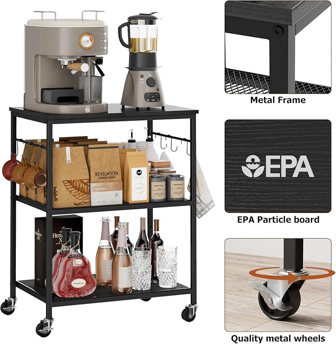 Homleke 3-Tier Rolling Kitchen Microwave Cart, Utility Cart | with Lockable Wheels Coffee Bar Table Station with 6 Hooks, Small Appliance Storage Shelf, Black