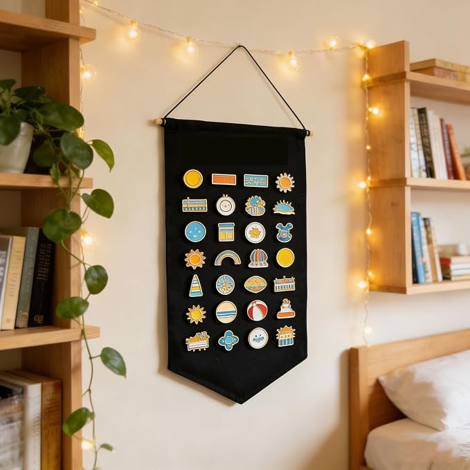 Winmany Wall Hanging Brooch Jewelry Storage Case Canvas Display Stand Enamel Pin Display Banner Holder Earrings Necklace Glitter Pin Collection Organizer (Black)