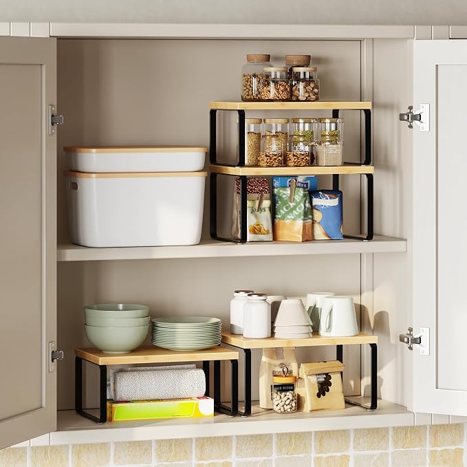 HOOBRO Cabinet Organizer Shelf, Set of 4 Kitchen Counter Shelves, Expandable Kitchen Storage, Stackable Bamboo Spice Rack, for Kitchen, Countertop, Office Desk, Bathroom, Natural and Black YB30TLP201