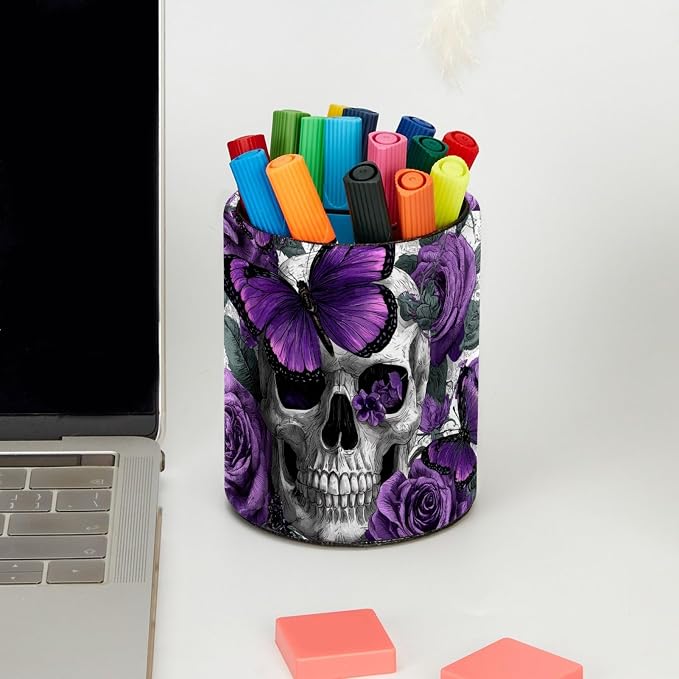 Faux Leather Pen Holder for Desk, Pencil Organizer Purple Butterflies and Skulls Pen Cup Desk Decor Makeup Brush Holder Storage for Office Home