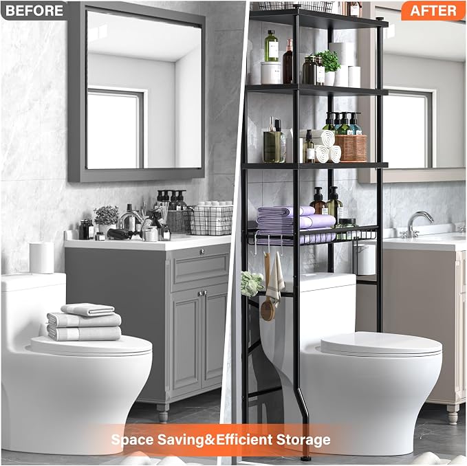 4-Tier Over-The-Toilet Storage Rack, Bathroom Organizer Shelf Over Toilet With Shelf Waterproof Feet Pad And Basket, Multifunctional Space Saver Bathroom Shelves Above Toilet for Room (Black)