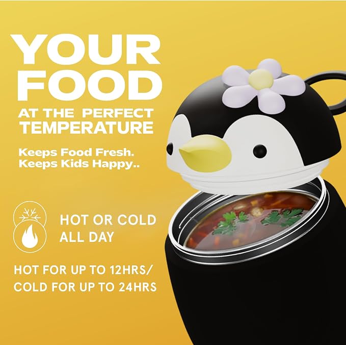 asobu Bestie Foodie Kids Insulated Food Jar – Cute Character Lunch Container for Children, BPA-Free Stainless Steel, Leakproof & Vacuum Sealed, Keeps Food Hot or Cold, Easy to Clean, 16oz