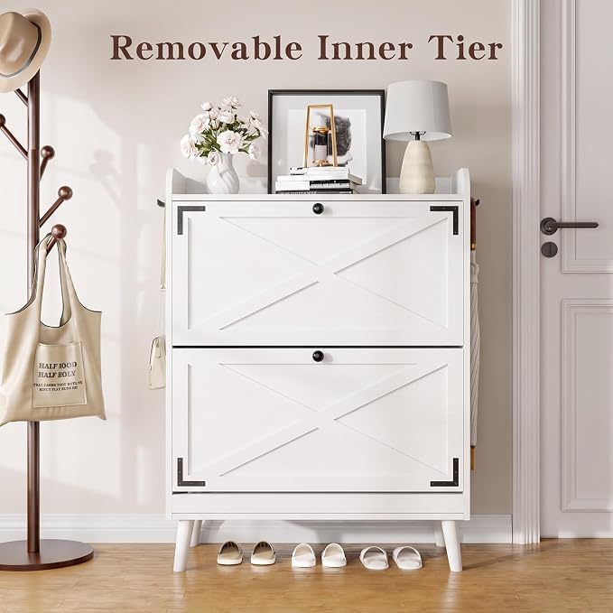 Shoe Storage Cabinet with 2 Flip Drawers & Adjustable Shelves, Freestanding Shoe Cabinet with Side Hooks Narrow Shoe Rack Cabinet for Entryway, Hallway, Rustic White