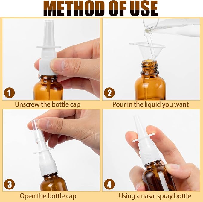 60 Pcs Nasal Spray Bottle Empty, Brown Glass Refillable Fine Mist Nasal Spray Bottles with 12 Funnels and 12 Labels (30ML/1oz)