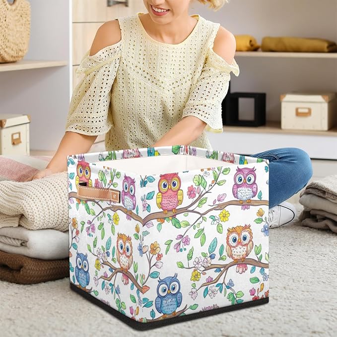 TropicalLife Floral Owl Storage Cube, 13 Inch Fabric Cube Storage Organizer Bin for Shelves Clothes, Decorative Foldable Storage Boxes