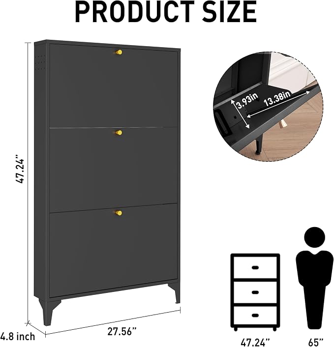 Shoe Cabinet with 3 Flip Drawers-Metal Narrow Shoe Rack for Entryway,Hallway,Living Room-Hidden Metal Shoe Cabinet-Freestanding Shoe (3 Door, Black)