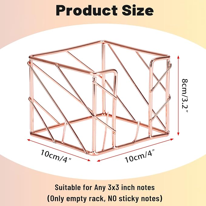 BTSKY Metal Sticky Note Holder, 3x3 Inch Post It Note Dispenser, Modern Memo Cube Holder Desk Organizer for Office & Home, Iron Sturdy Desktop Sticky Note Storage, Rose Gold