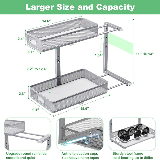 Under Sink Organizer, High Adjustable 2 Tier Under Sink Organizers and Storage, Slide out Metal Cabinet Organizers, Pull out Storage Drawer Shelf for Kitchen Bathroom Cabinet (1, Gray)