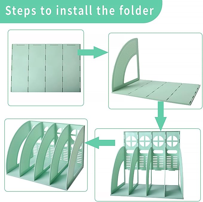 Marte Vanci Magazine File Holder Vertical PP Folder Book Desktop Organizer Plastic Storage Sturdy Vertical 4 Section Folder (Green)