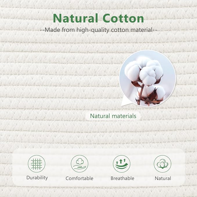 ECDYQXVU 15x10x9 Woven Cotton Rope Storage Basket, Leather Handles 1 Pack | Foldable Design, Sturdy PU Handles, Easy to Clean Organizer for Living Room, Closet, Shelves, Bedroom, Laundry, Clothes