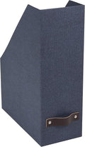 Bigso Box of Sweden Estelle Canvas Fiberboard Upright Magazine Holder and Organizer for Papers and Catalogs with Leather Handle - Magazine File Holder for Office Desks - 12.6in x 4.5in x 9.8in - Blue