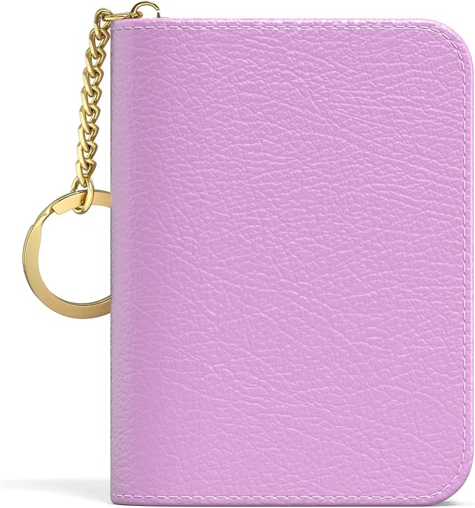 Aiawoxc Credit Card Holder for Women, Small RFID Wallet Slim Leather Business Card Organizer Case with Zipper and Keychain, Purple