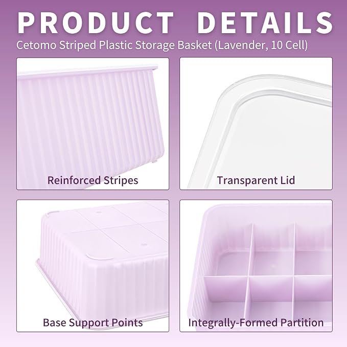 Cetomo 10 Cells Plastic Underwear Sock Drawer Organizer with Lid, Lidded Storage Box with Dividers for Bras and Socks, Basket for Closet, Stackable, Pink, 10 Compartments (31 x 24 x 8 cm)