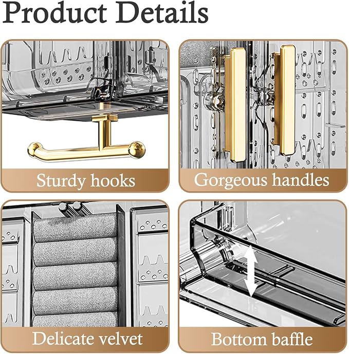 Wall Mounted Jewelry Organizer, No Punching Installation, Hanging Jewelry Organizer Box and Storage Case, Necklace Earring Holder Organizer Wall for Women Teen Girls (Gray Gold)